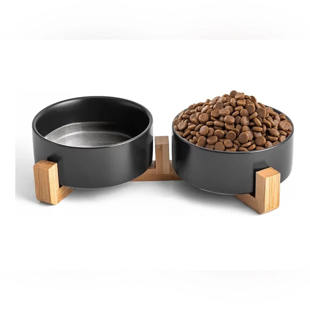 Black Ceramic Dog & Cat Bowl Set W/Wooden Stand
